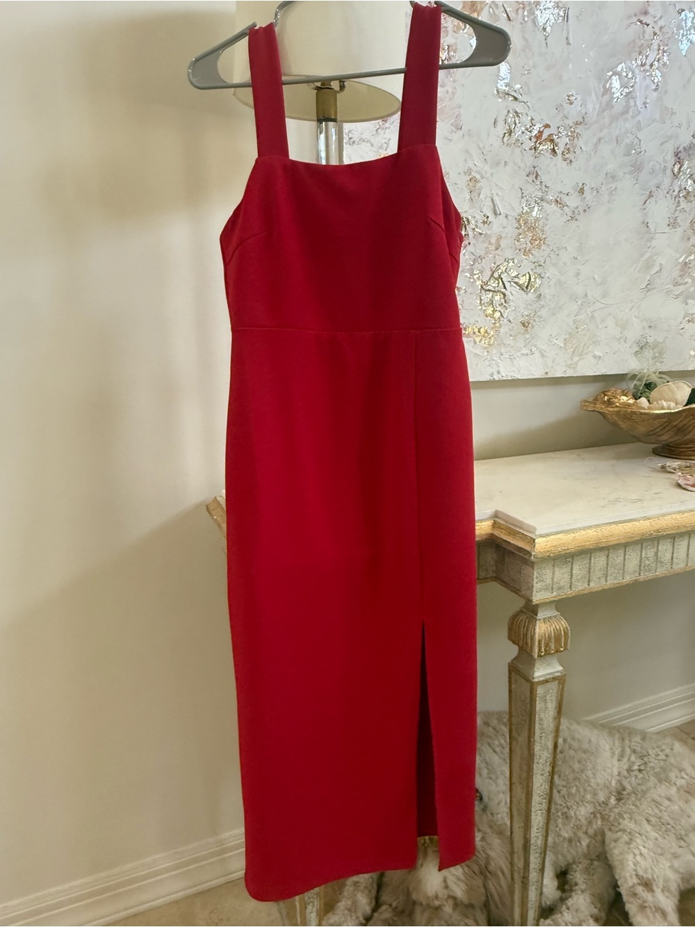 Petal & Pup Red Square-Neck Midi Dress with Side Slit